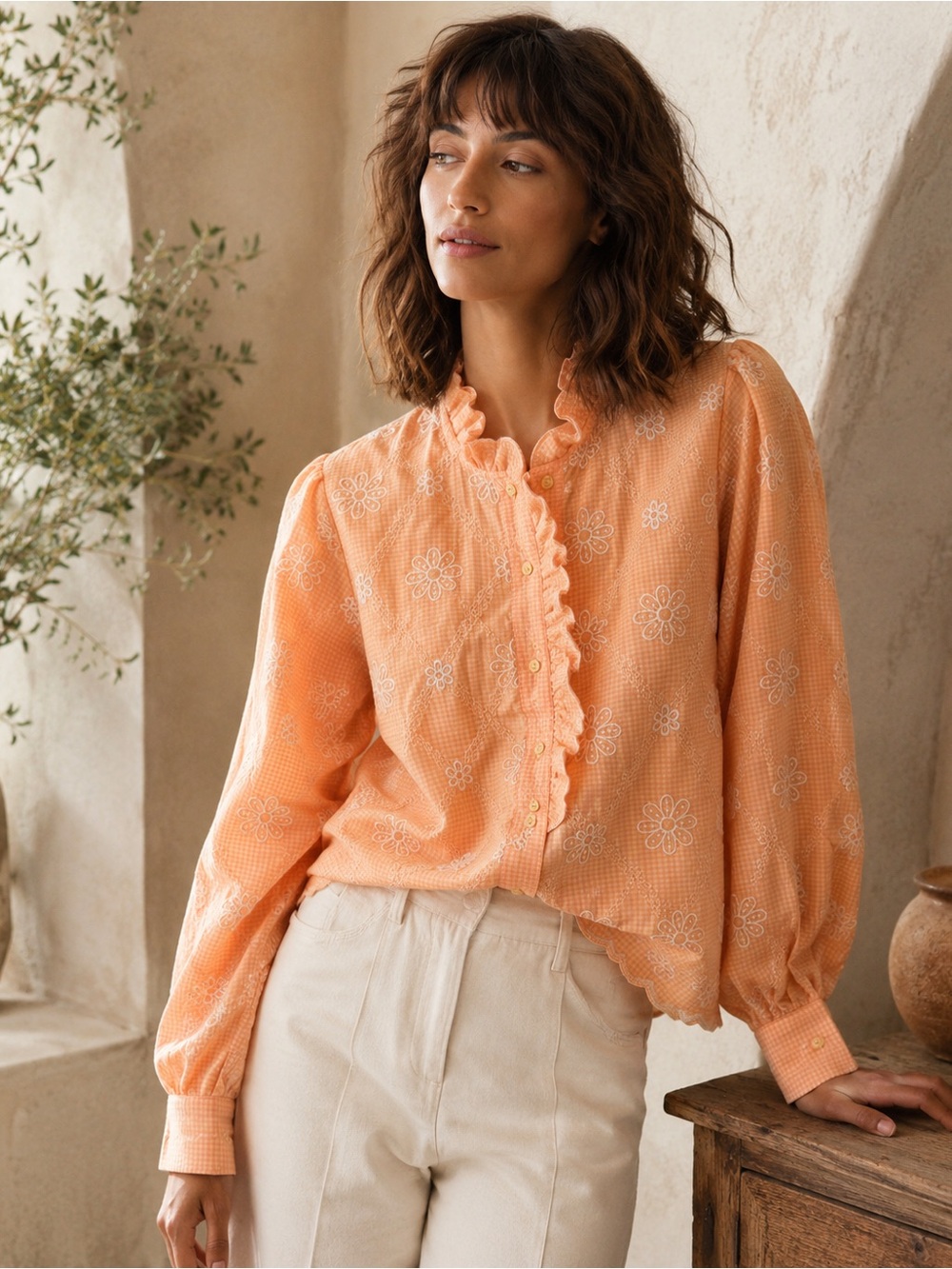 Romantic Embroidered  Ruffle Blouse Cottagecore Coquette S Floral Gingham